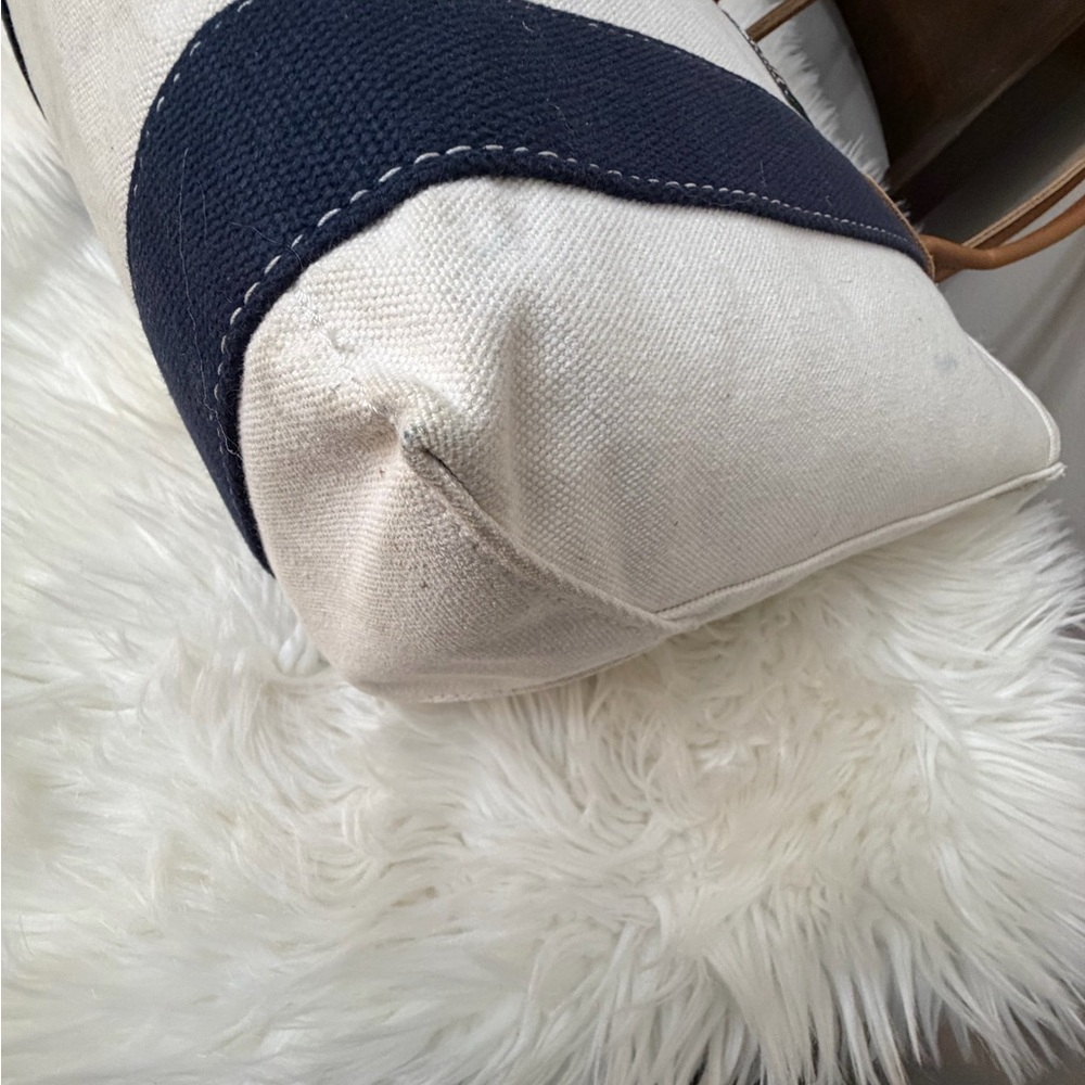 L.L. Bean White Canvas Tote with Navy Straps and Brown Leather Handles - Picture 8 of 11